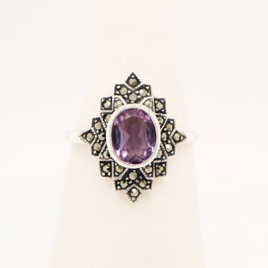 Marcasite Burst Ring with Amethyst Center Stone in Silver