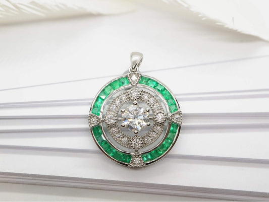 18k white gold natural emerald halo pendent, Vintage emerald diamond pendent, Anniversary gifts