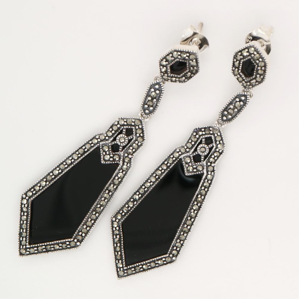 Art Deco Drop Earrings in Black Onyx paired with Marcasite and Sterling Silver