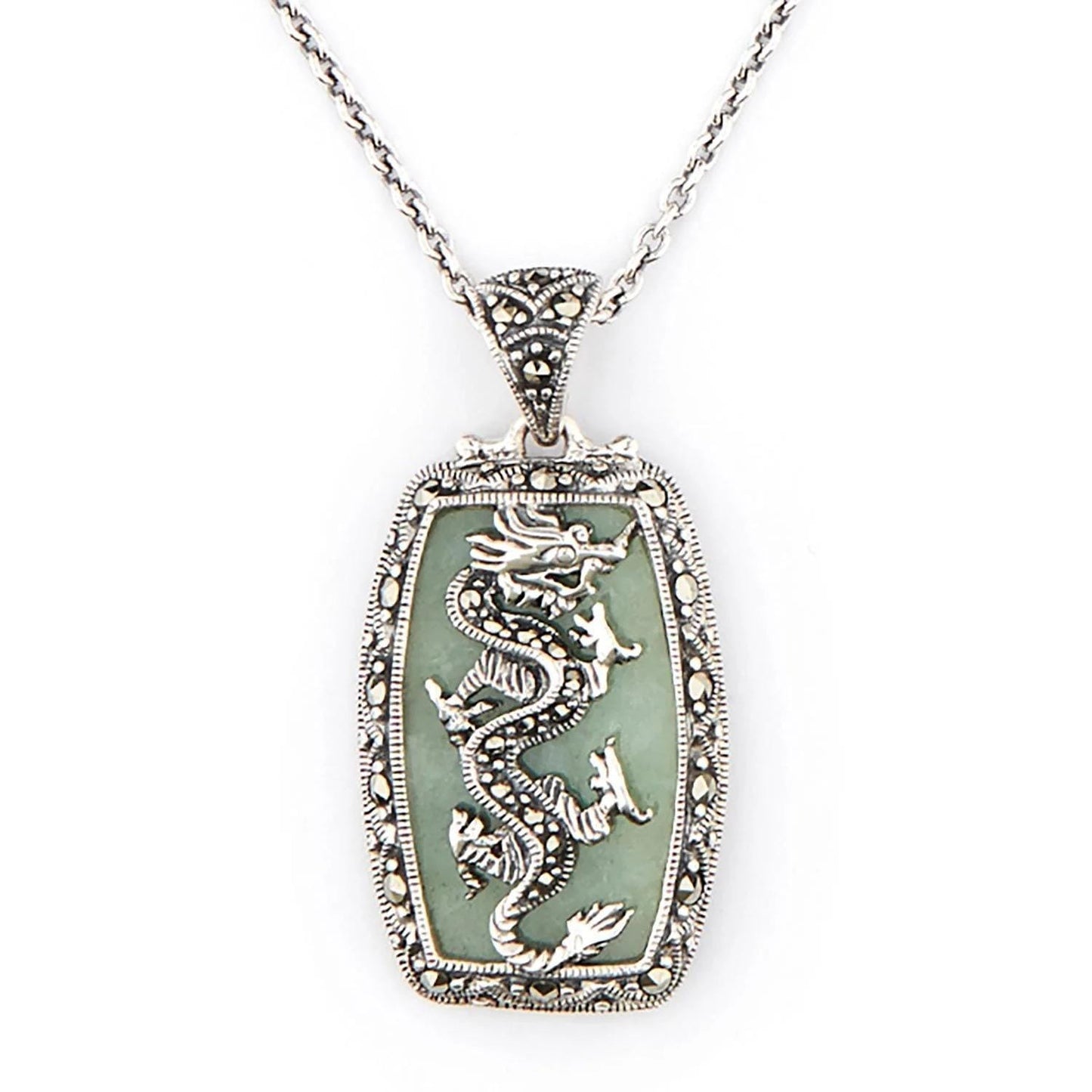Dragon Pendant Necklace with Marcasite and Sterling Silver with choice of Green Jade or Onyx backgro