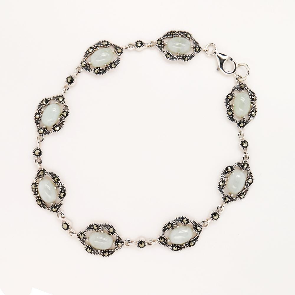 Natural Jade with Marcasite Halo Bracelet in Silver