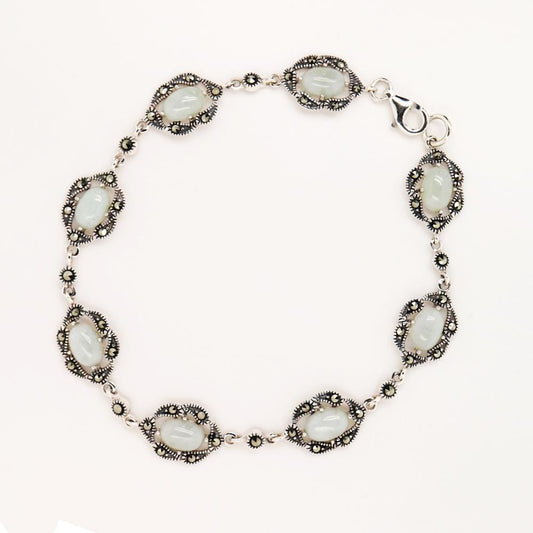Natural Jade with Marcasite Halo Bracelet in Silver