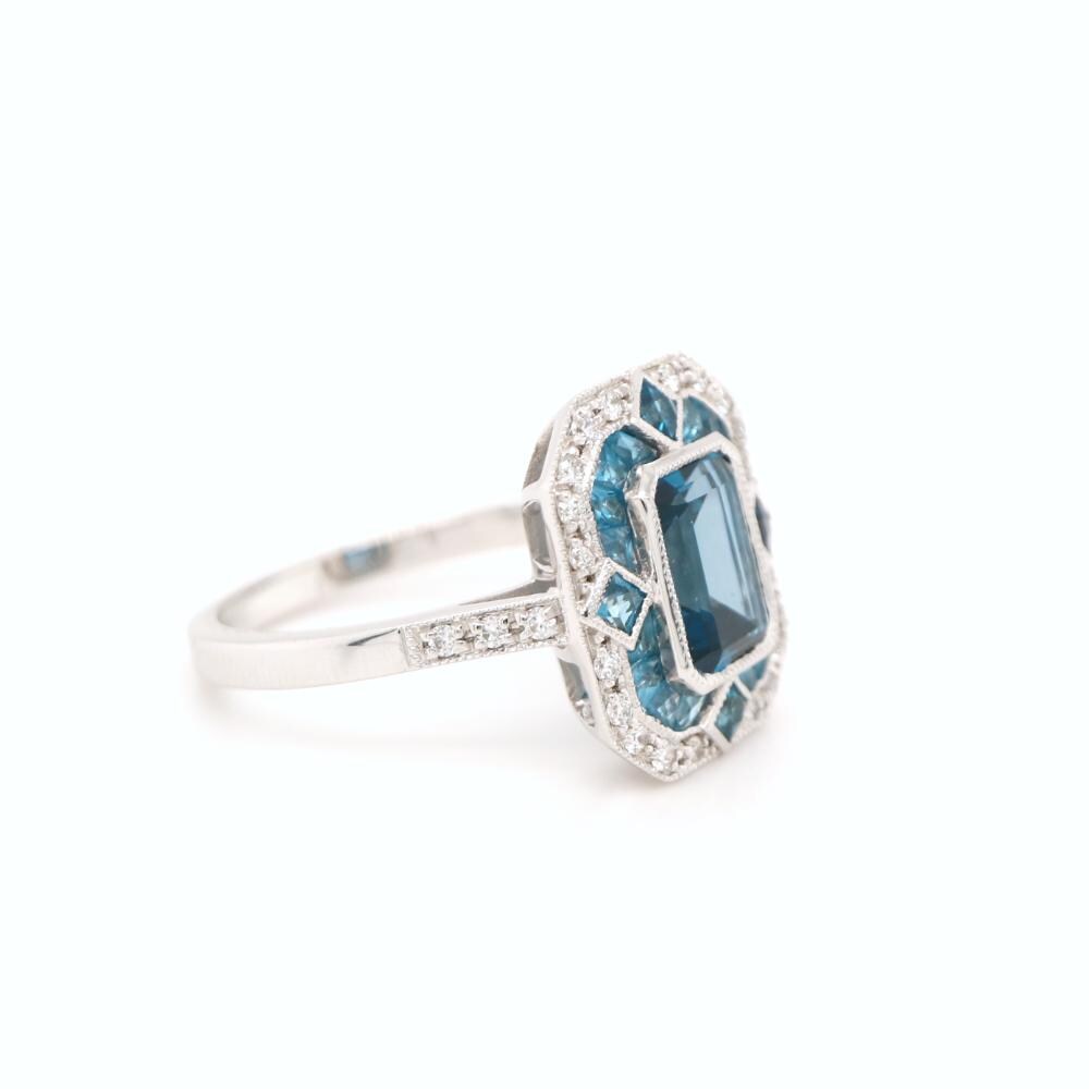 London blue topaz cocktail  ring with diamond halo in white gold, White gold engagement ring, Topaz wedding ring, Anniversary gift