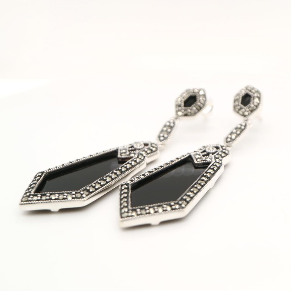 Art Deco Drop Earrings in Black Onyx paired with Marcasite and Sterling Silver