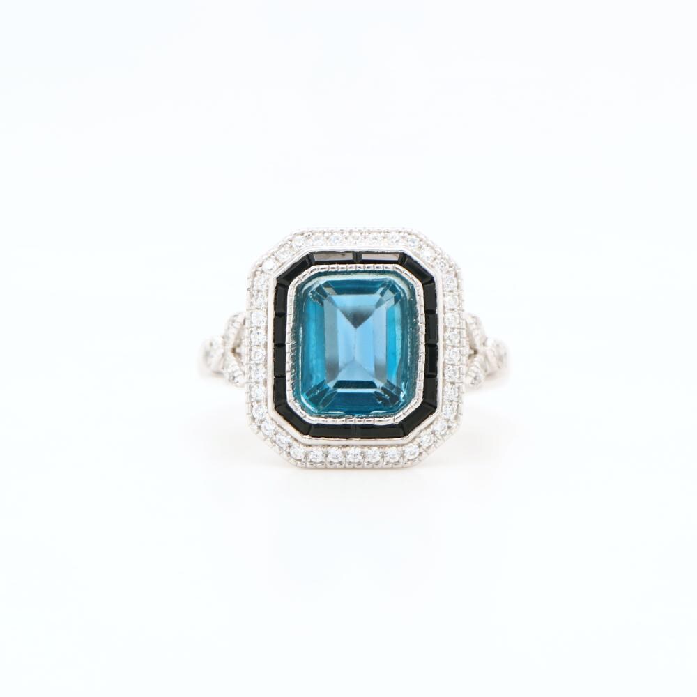 Onyx halo Art Deco ring in London Blue Topaz, Vintage style Topaz ring, Onyx and topaz engagement ring, Vintage jewelry