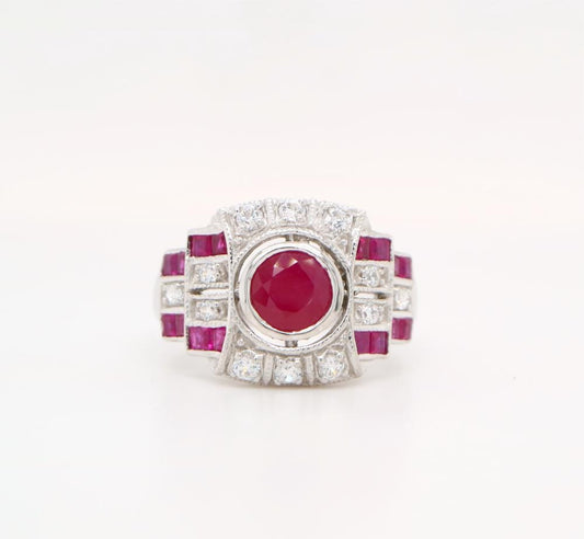 Art Deco Cocktail Ring with Ruby  and CZ in Sterling Silver