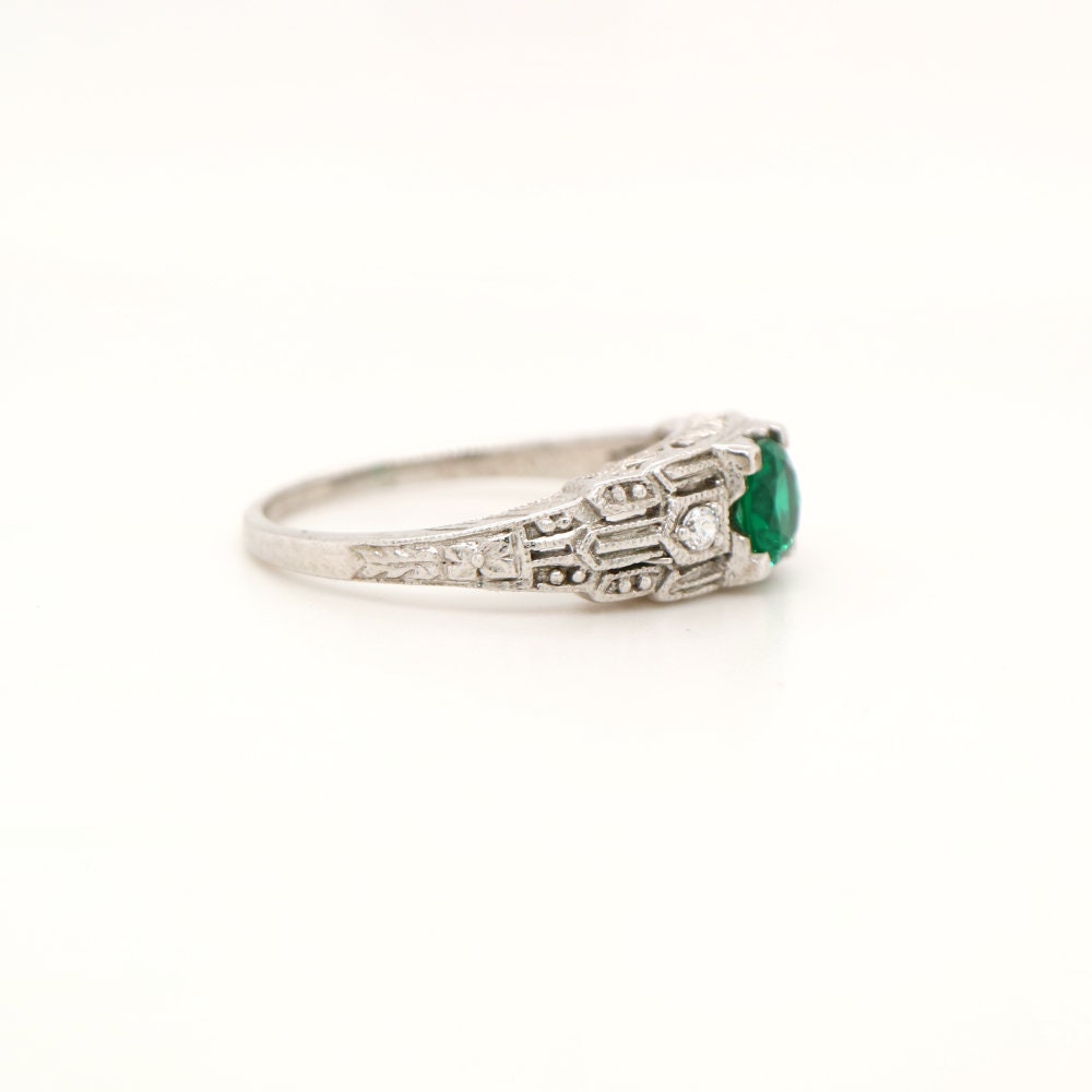 Art Deco Silver ring with Center Emerald and shoulder CZ, Anniversary gift