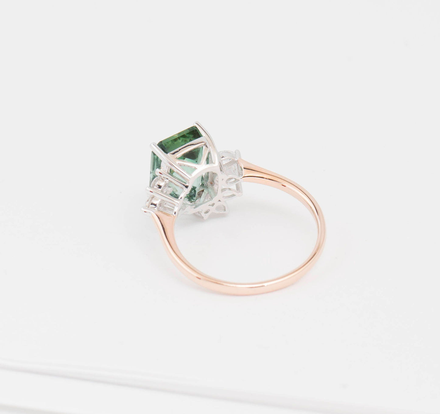 Emerald cut mint Tourmaline ring wih off-set diamond details, 18k white/rose gold ring,Contemporary design ring with custom gemstone