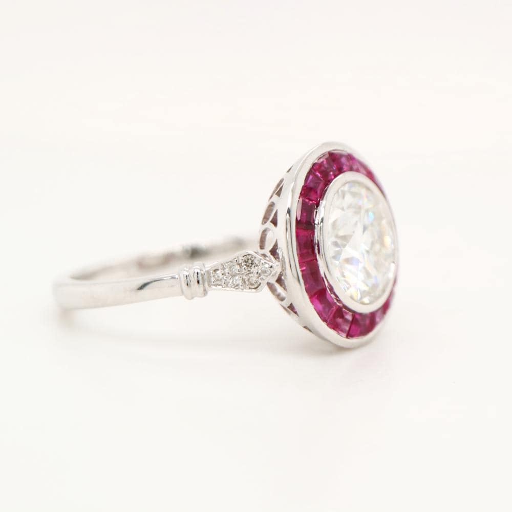 Vintage gold and natural ruby  halo ring with moissanite centre stone, Natural ruby halo ring
