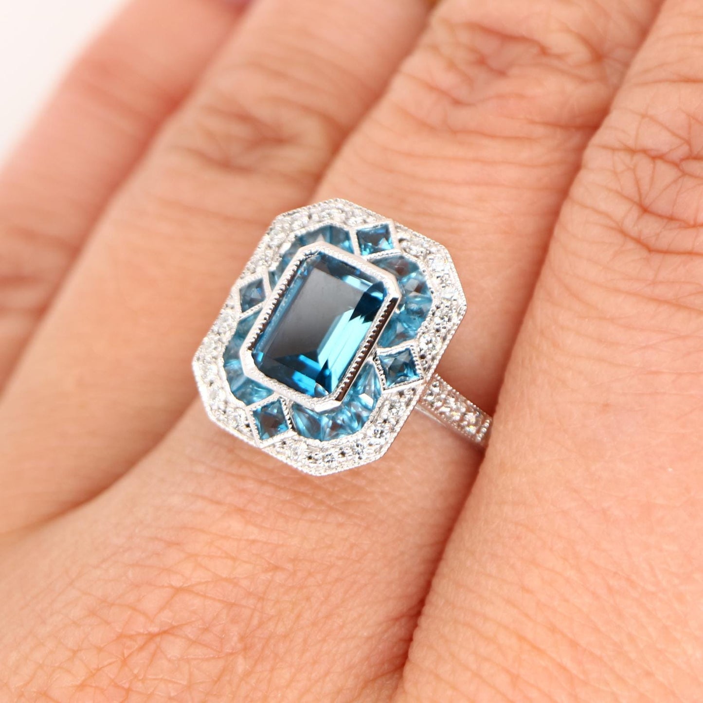 London blue topaz cocktail  ring with diamond halo in white gold, White gold engagement ring, Topaz wedding ring, Anniversary gift