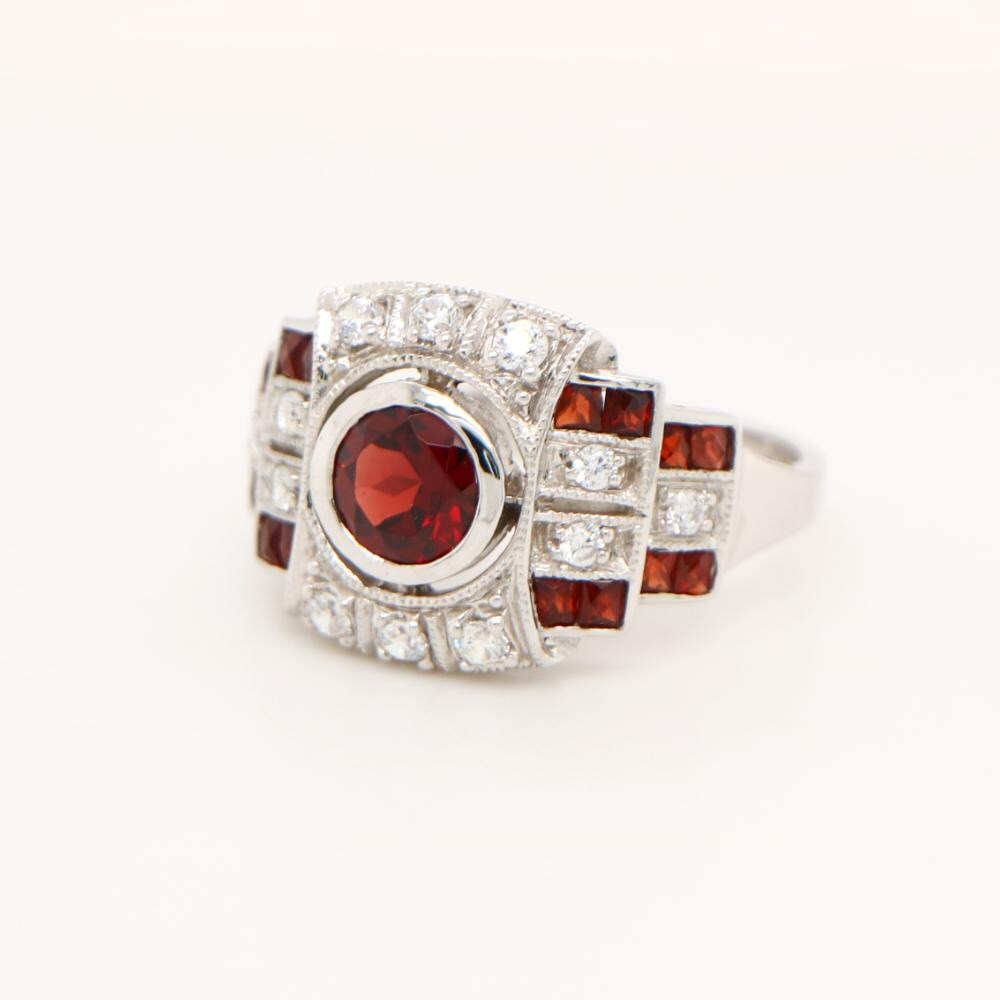 Art Deco Cocktail Ring with Garnet and CZ in Sterling Silver