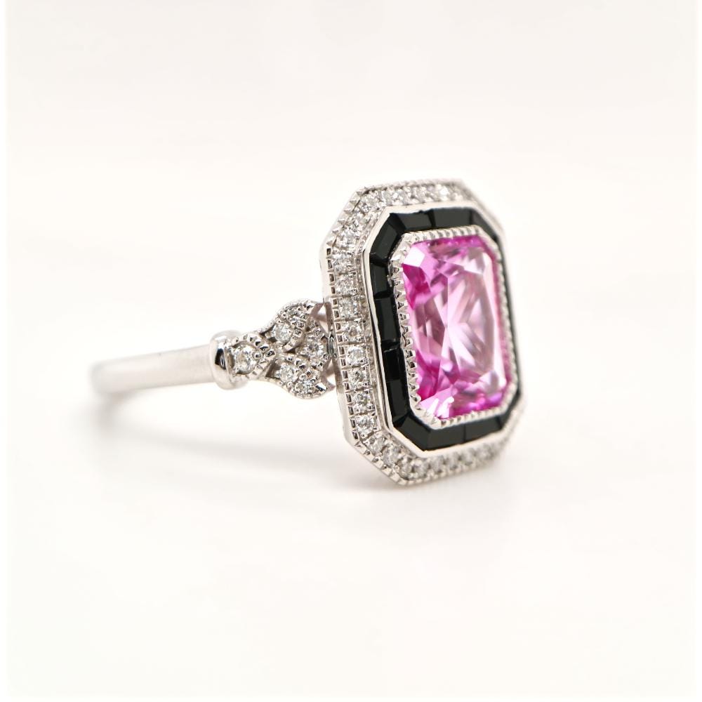 Onyx halo Art Deco ring in Pink Sapphire, Vintage style pink sapphire ring
