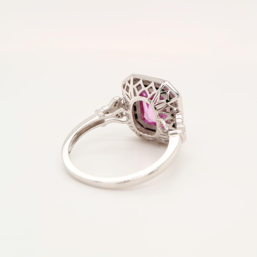 Onyx halo Art Deco ring in Pink Sapphire, Vintage style pink sapphire ring