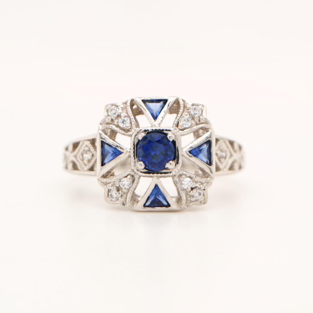Vintage Sapphire Silver ring with CZ