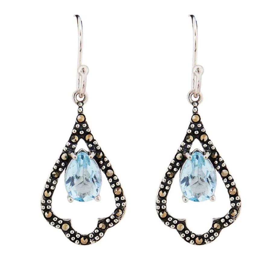 Edwardian Style Earrings in Blue Topaz, Marcasite and Sterling Silver
