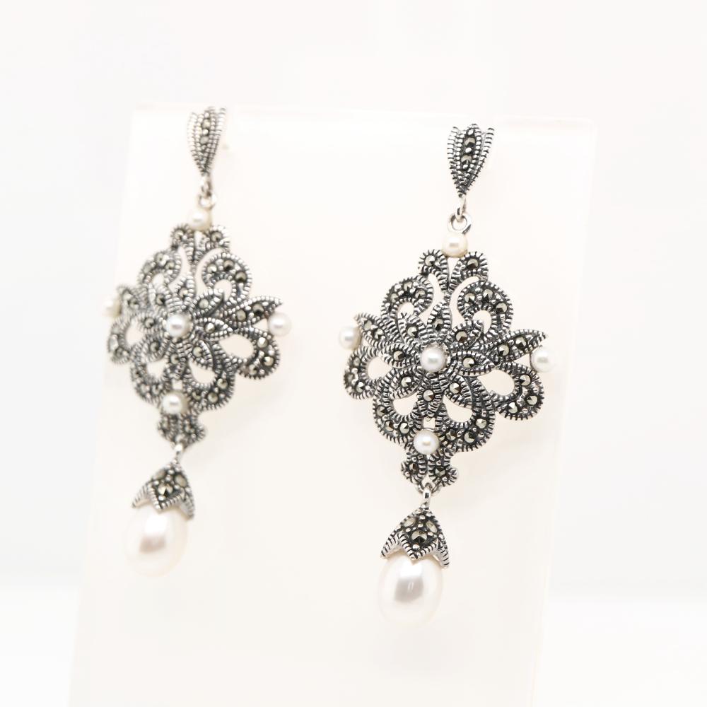 Edwardian Style Earrings in Fresh Water Pearl, Marcasite and Sterling Silver