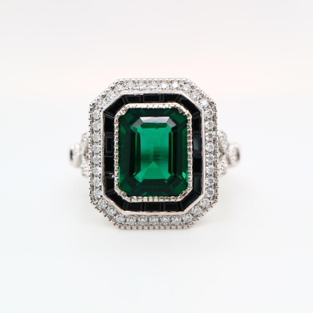 Onyx halo Art Deco ring in Emerald, Vintage style Emerald ring