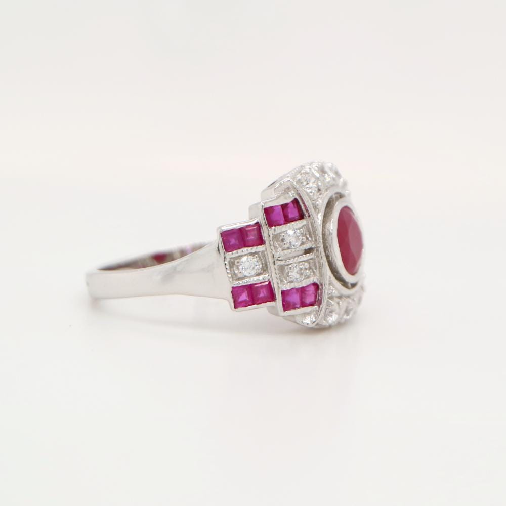 Art Deco Cocktail Ring with Ruby and Diamond in 9k White Gold