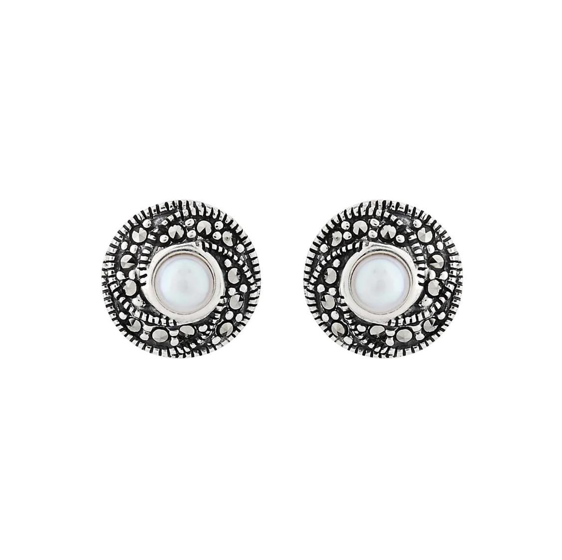 Classic Cluster Stud Earring in Pearl, Marcasite and Sterling Silver