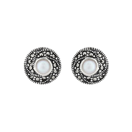 Classic Cluster Stud Earring in Pearl, Marcasite and Sterling Silver