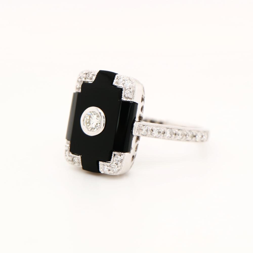 Art deco step cut ring with onyx and diamond in white gold, Onyx and diamond statement ring, Art deco onyx and diamond ring
