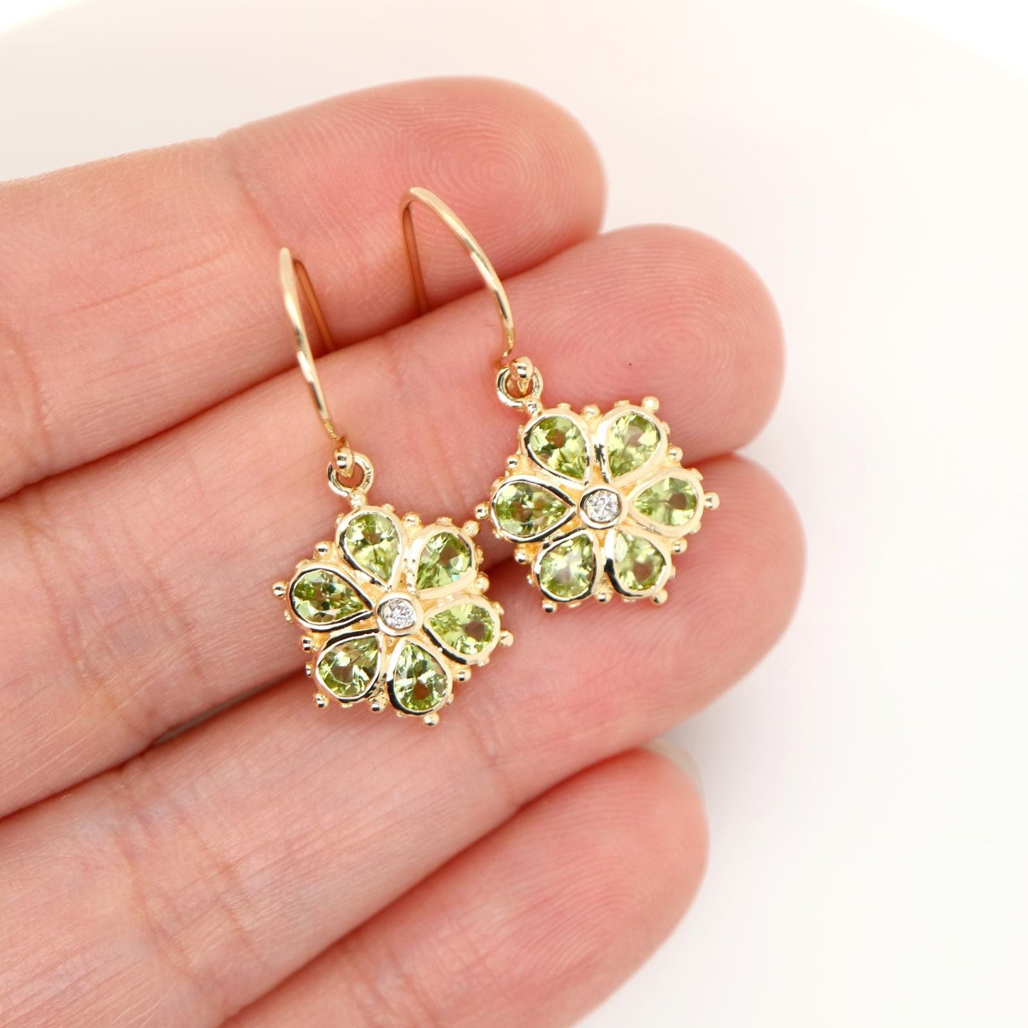 Peridot Petal Flower Earrings with Diamond in Yellow Gold, Custom made jewelry