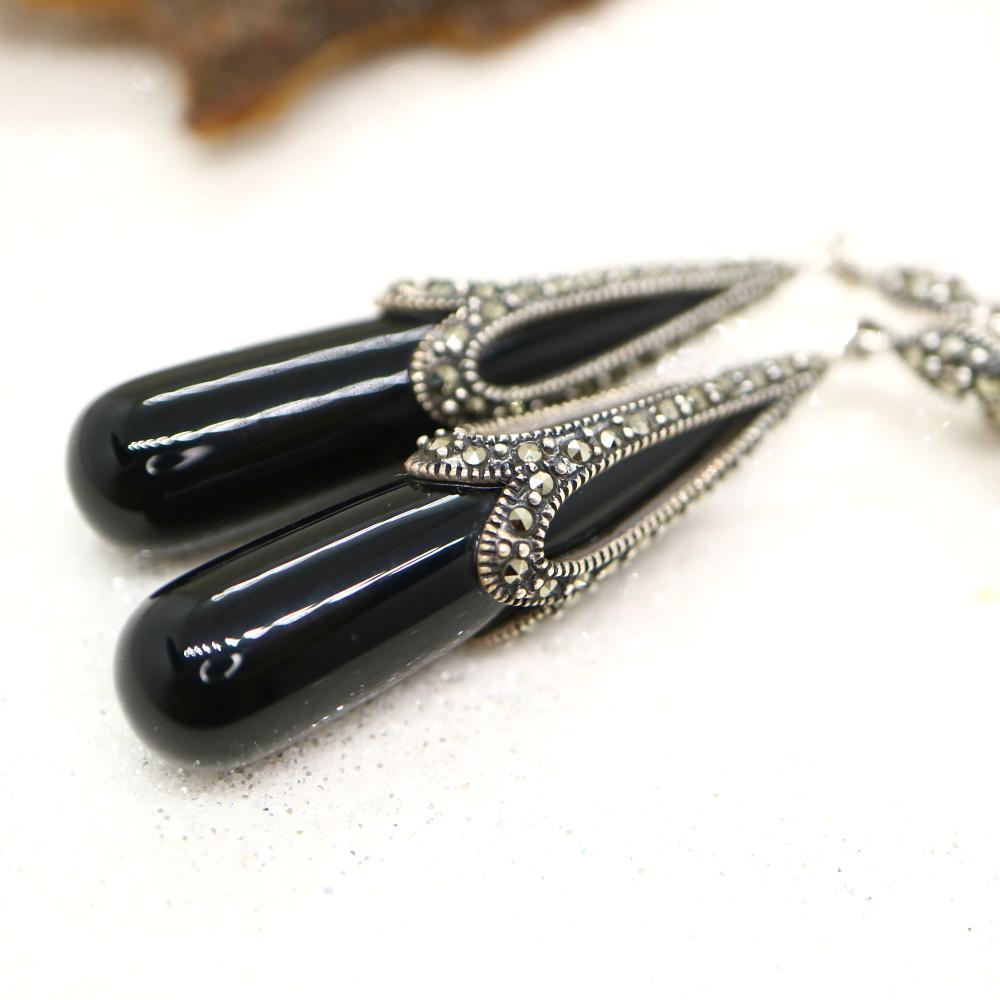 Art Deco Drop Design Earrings in Black Onyx, Marcasite and Sterling Silver
