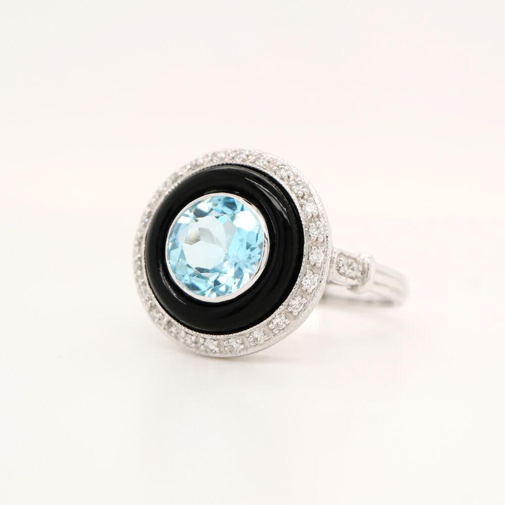 Blue Topaz Target ring with Onyx and Diamond halo