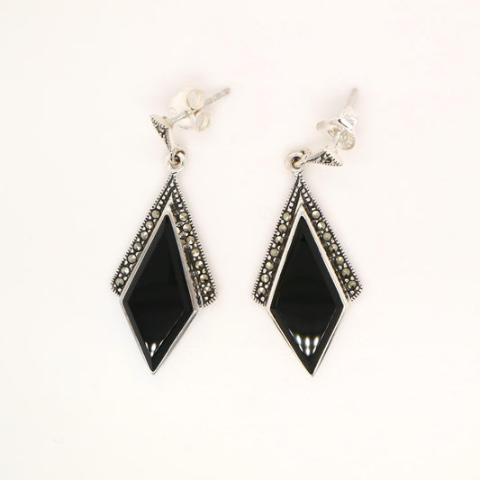 Art Deco Drop Earrings in Black Onyx, Marcasite in Sterling Silver