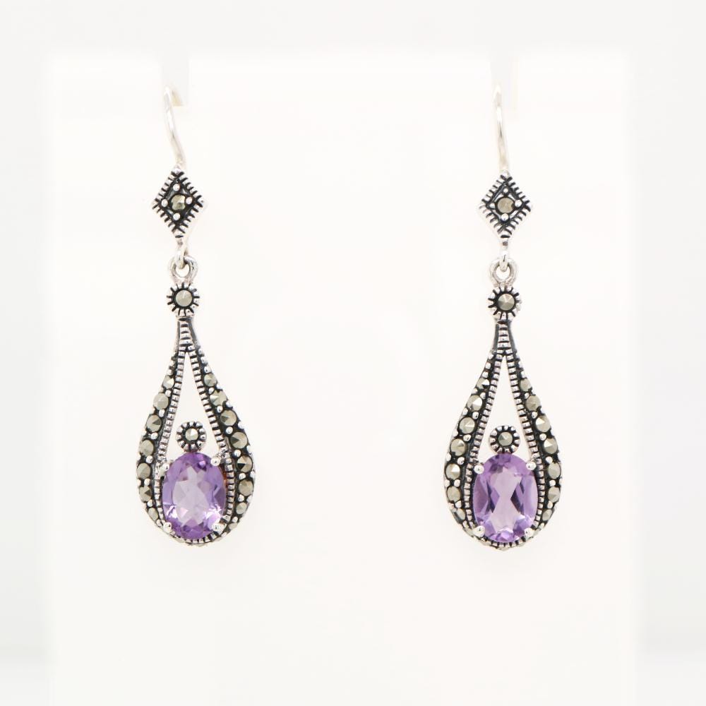 Marcasite Dangle Earrings with Amethyst in Silver