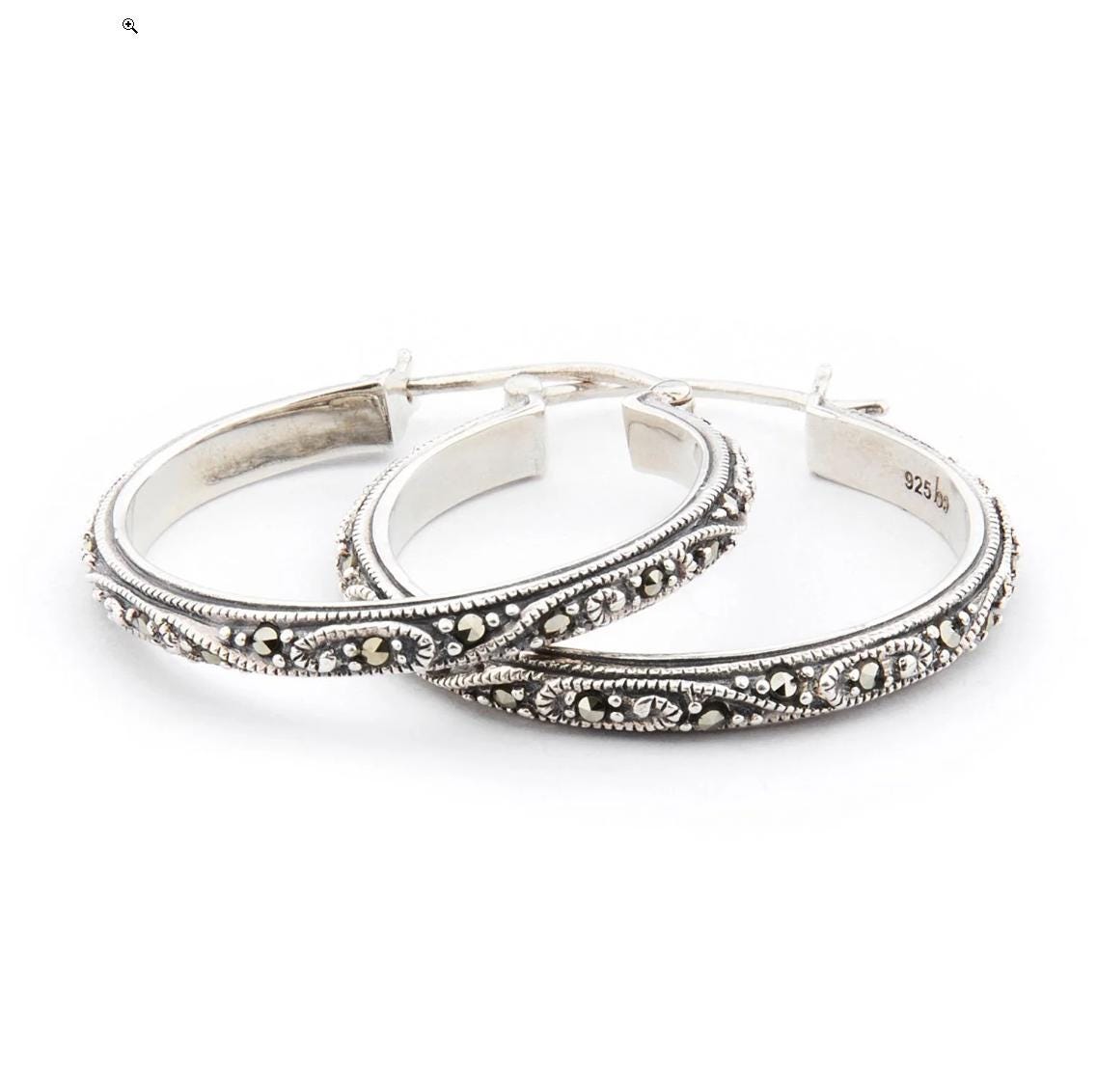 Art Deco Hoop Earrings in Marcasite in Sterling Silver
