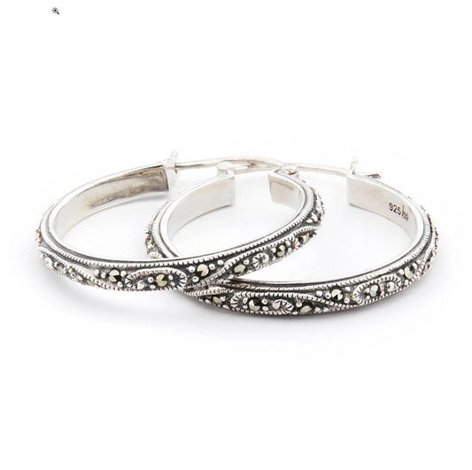 Art Deco Hoop Earrings in Marcasite in Sterling Silver