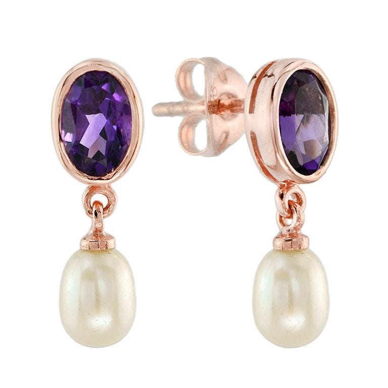 Gold Drop Earrings with Topaz, Garnet or Amethyst and Pearl