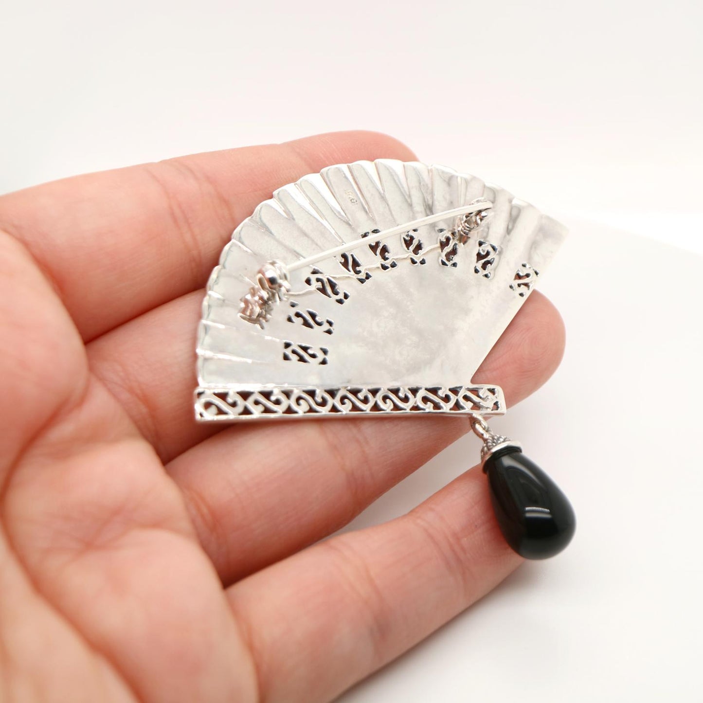 Marcasite Fan in Marcasite with Onyx Drop in Sterling Silver