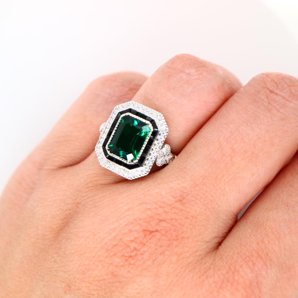Onyx halo Art Deco ring in Emerald, Vintage style Emerald ring