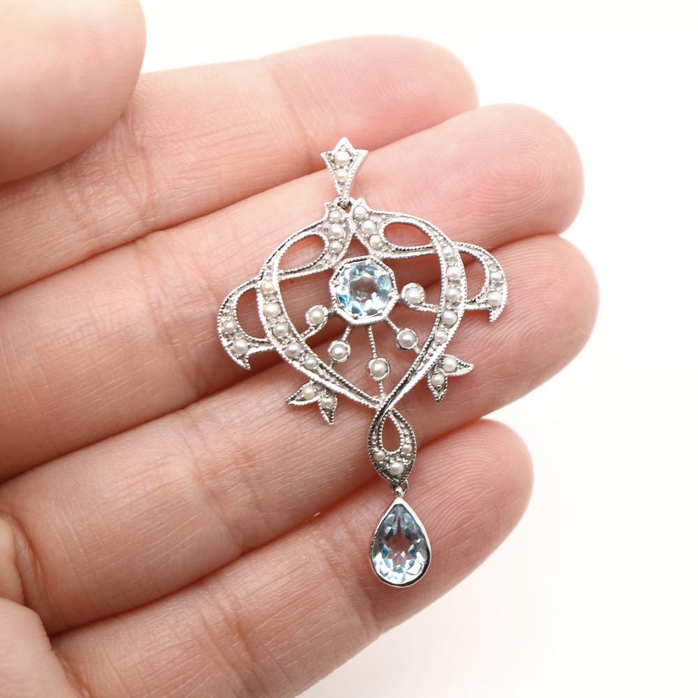 Vintage White Gold and Blue topaz Pendant, Gift for her