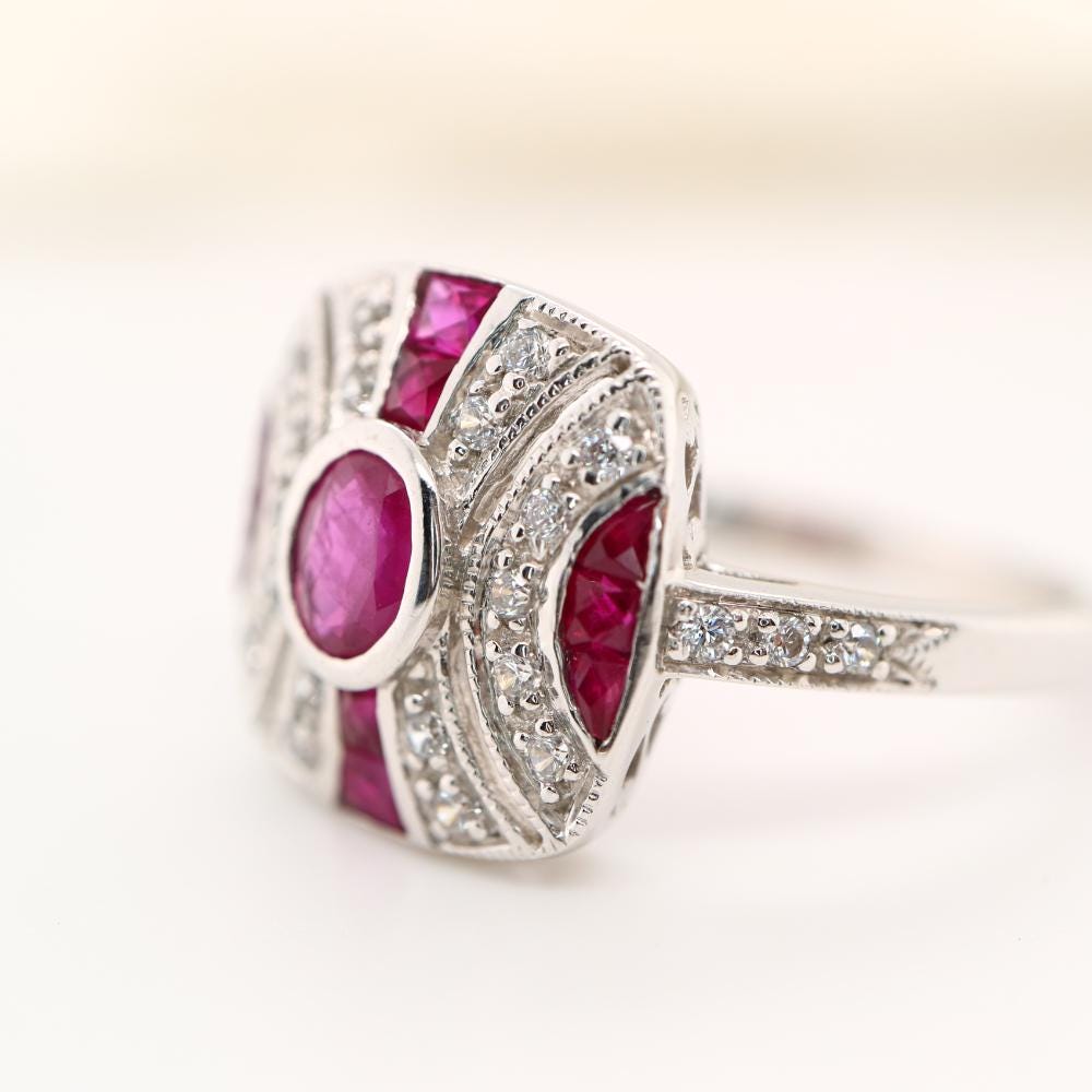 Sterling Silver Art deco Ruby Gem Cluster Ring