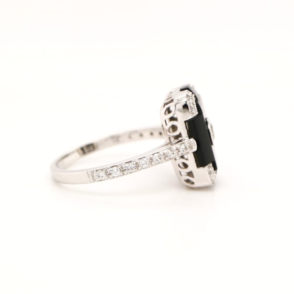Art deco step cut ring with onyx and diamond in white gold, Onyx and diamond statement ring, Art deco onyx and diamond ring