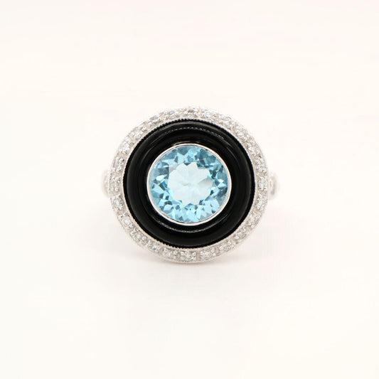 Blue Topaz Target ring with Onyx and Diamond halo