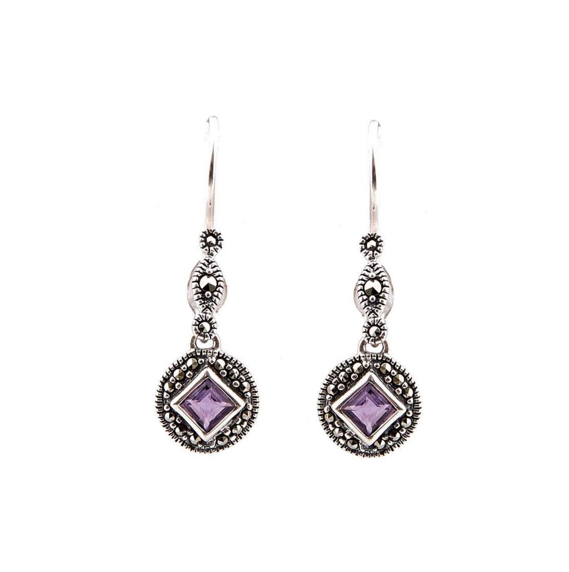 Art Deco Drop Earrings with Princess cut Gemstones paired with Marcasite in Sterling Silver