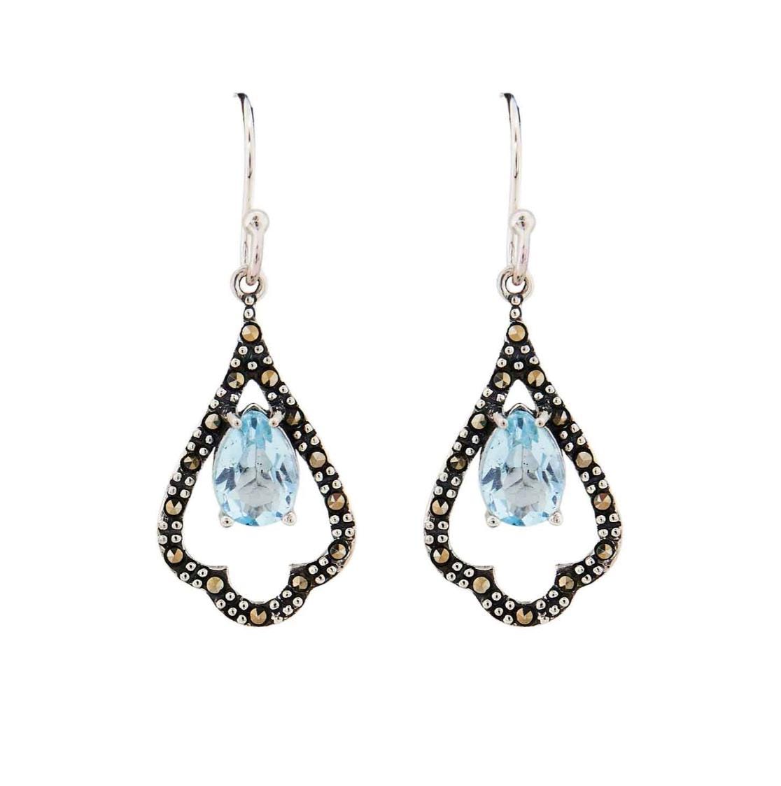 Edwardian Style Earrings in Blue Topaz, Marcasite and Sterling Silver