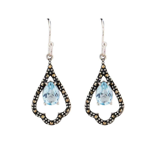 Edwardian Style Earrings in Blue Topaz, Marcasite and Sterling Silver