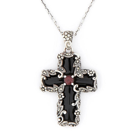 Gothic Cross Pendant in Onyx Marcasite Garnet and Sterling Silver