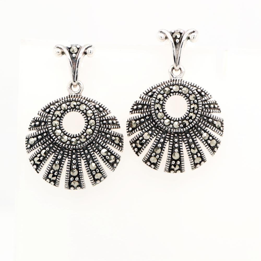 Circular Marcasite Fan Earrings With Amethys in Silver