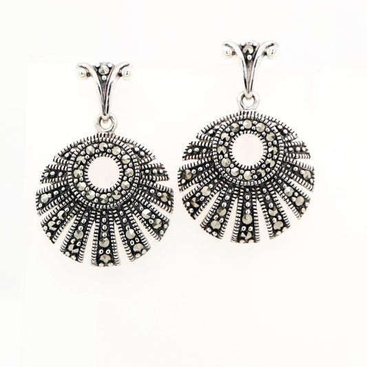 Circular Marcasite Fan Earrings With Amethys in Silver