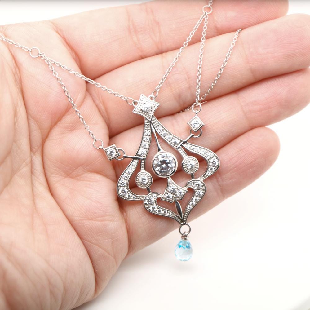 Edwardian Style Necklace with Blue Topaz Drop and CZ centre in Sterling Silver