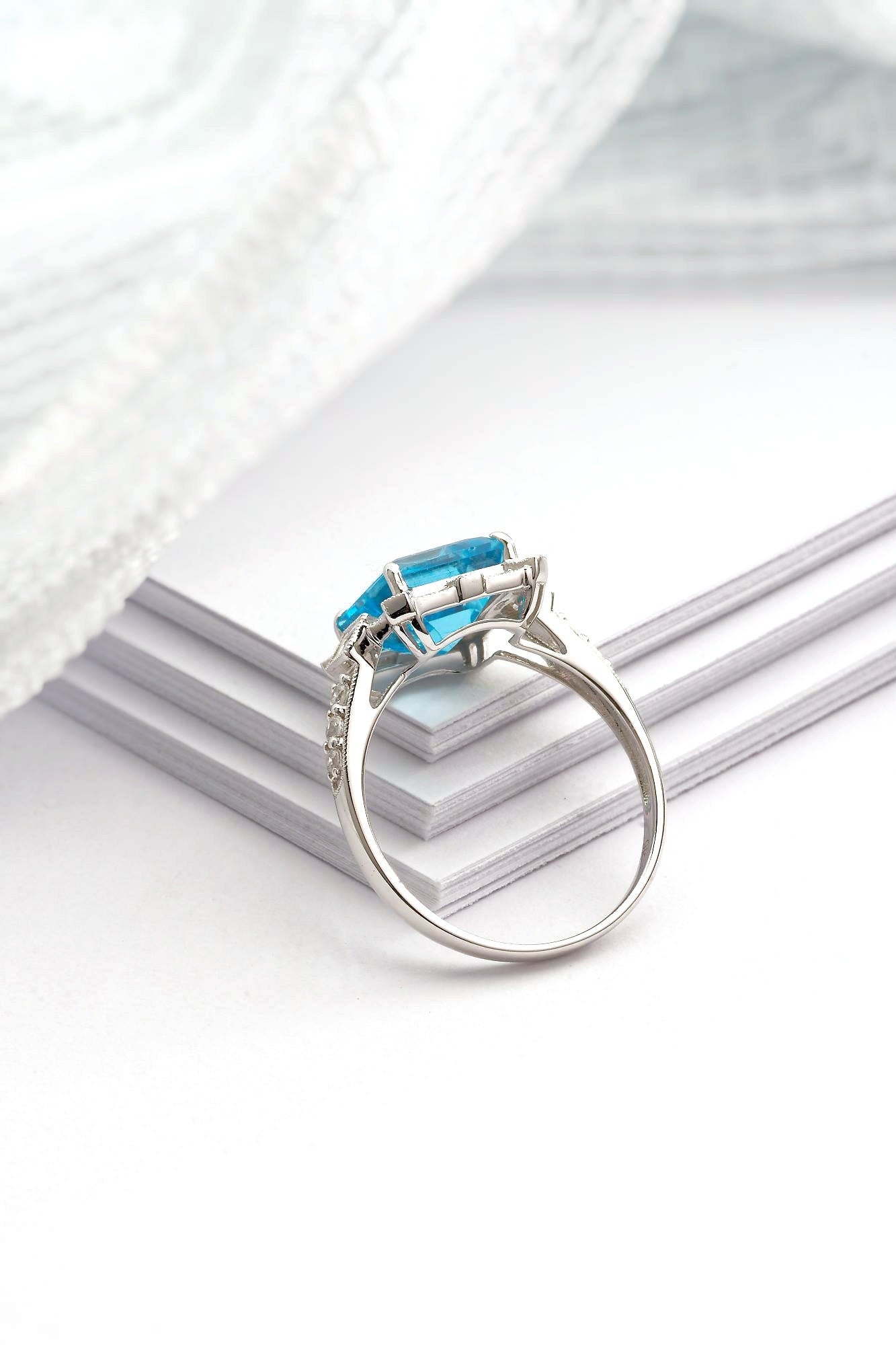 Art Deco vintage blue topaz ring, Emerald cut blue topaz and diamond ring, White gold engagement ring, Topaz wedding ring, Anniversary gift