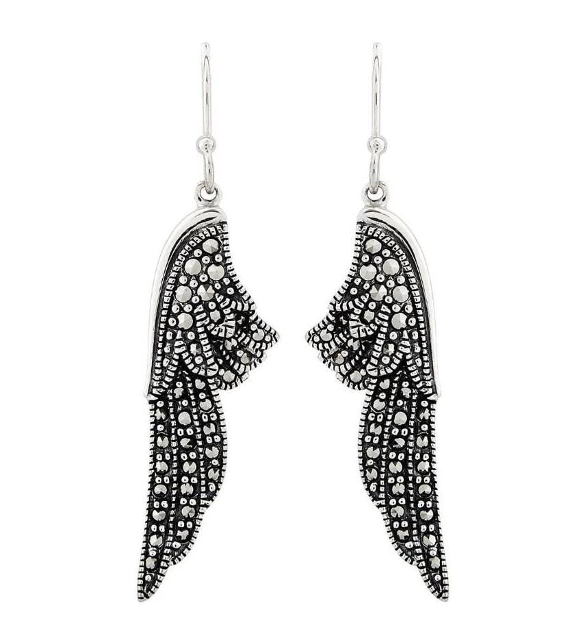 Sparkling Angel Wing Drop Earrings in Marcasite and Sterling Silver