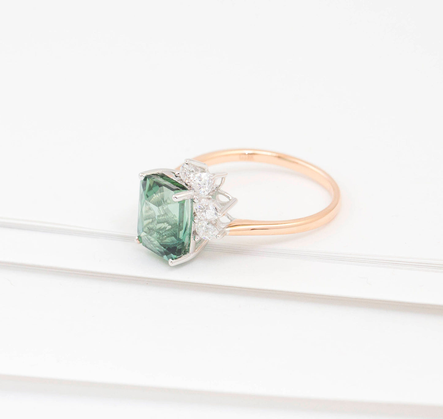 Emerald cut mint Tourmaline ring wih off-set diamond details, 18k white/rose gold ring,Contemporary design ring with custom gemstone