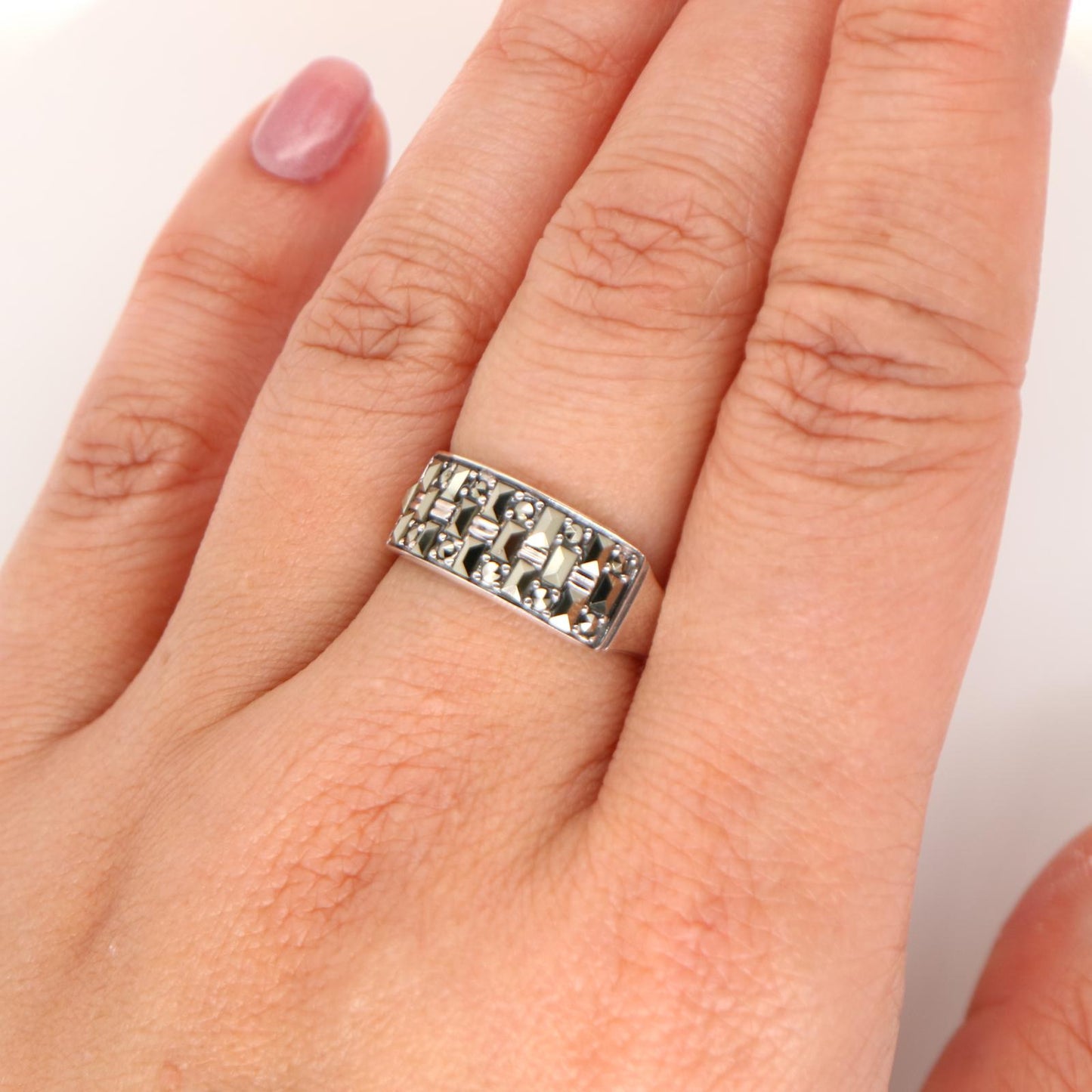 Marcasite Wide band ring in sterling silver